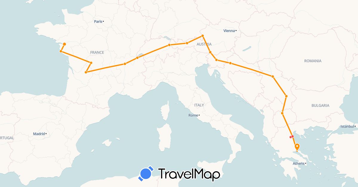 TravelMap itinerary: driving, hiking, hitchhiking in Austria, Switzerland, France, Greece, Croatia, Liechtenstein, Macedonia, Serbia, Slovenia (Europe)